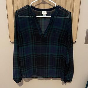 LOFT Plaid V-Neck Blouse - Navy and Green